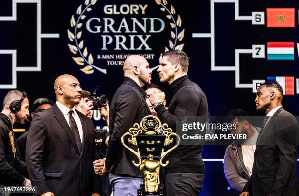 French-Algerian kickboxer Sofian Laidouni and Dutch kickboxer Rico Verhoeven attend the GLORY Heavyweight Grand Prix fight draw in Amsterdam, on...