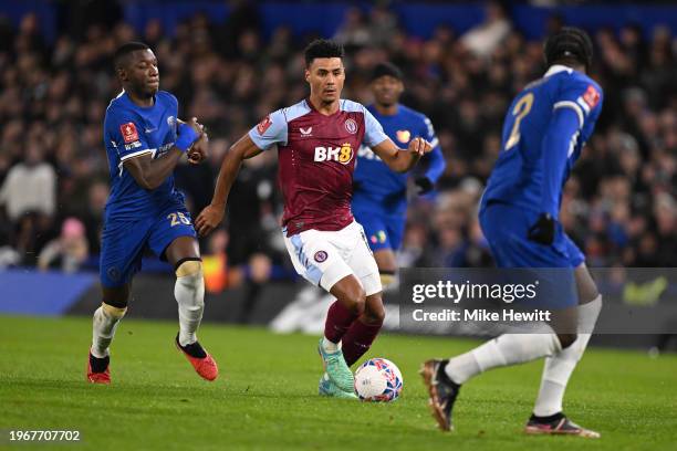 Ollie Watkins of Aston Villa runs at the Chelsea defence during the Emirates FA Cup Fourth Round match between Chelsea and Aston Villa at Stamford...