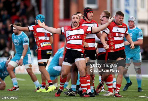 Kirill Gotovtsev of Gloucester Rugby celebrates as a penalty is awarded during the Gallagher Premiership Rugby match between Gloucester Rugby and...