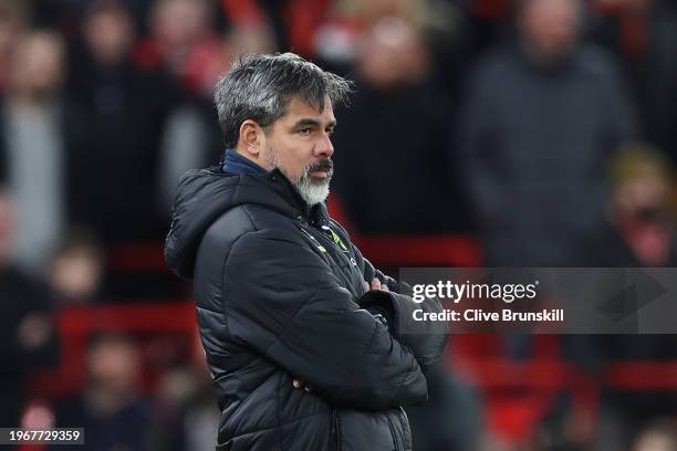 David Wagner, Manager of Norwich City, looks on during the Emirates FA Cup Fourth Round match between Liverpool and Norwich City at Anfield on...