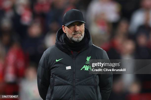 Juergen Klopp, Manager of Liverpool, looks on during the Emirates FA Cup Fourth Round match between Liverpool and Norwich City at Anfield on January...