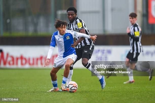 Anthony Munda of Newcastle United jostles for the ball during the Premier League 2 match between Blackburn Rovers U21 and Newcastle United U21 at...