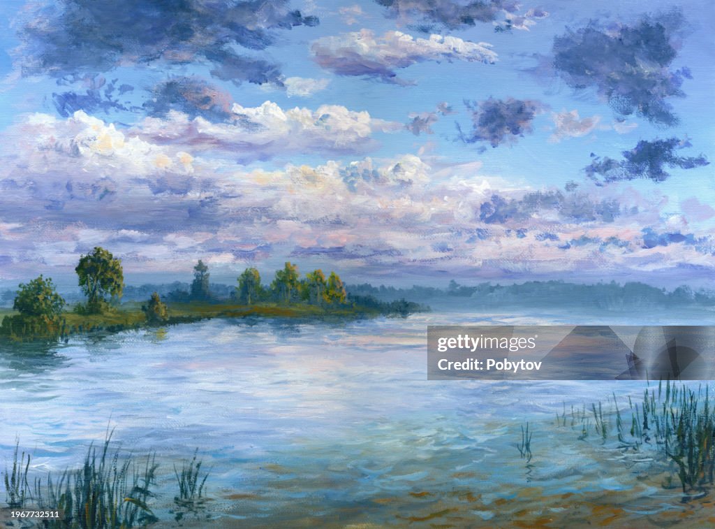 Sonnenuntergang am Fluss, Ölgemälde