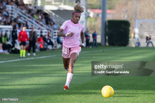 Luany Vitoria of Madrid CFF in action during the Primera Division Femenina match between Real Sociedad and Madrid CFF at Zubieta field on January 28,...