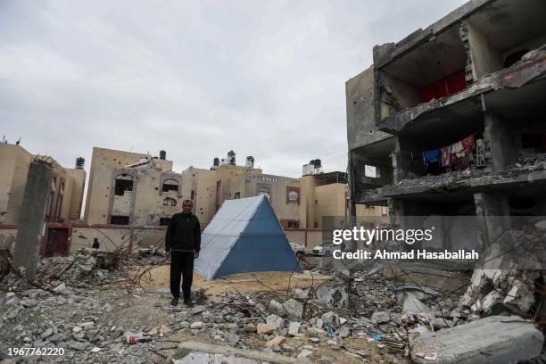 Palestinian Hamada Abu Salima, 59 -years-old, lives in a tent on the ruins of his house that was destroyed by Israeli raids, which killed 10 members...