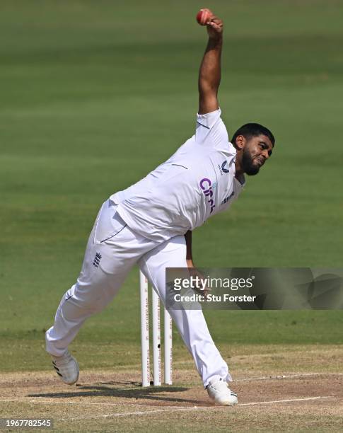 England bowler Rehan Ahmed in bowling action during day four of the 1st Test Match between India and England at Rajiv Gandhi International Stadium on...