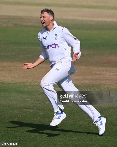 England bowler Joe Root celebrates after taking the wicket of KL Rahul after a review during day four of the 1st Test Match between India and England...