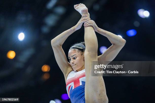 September 29: Ondine Achampong of Great Britain performs her routine on the balance beam during podium training at the Artistic Gymnastics World...