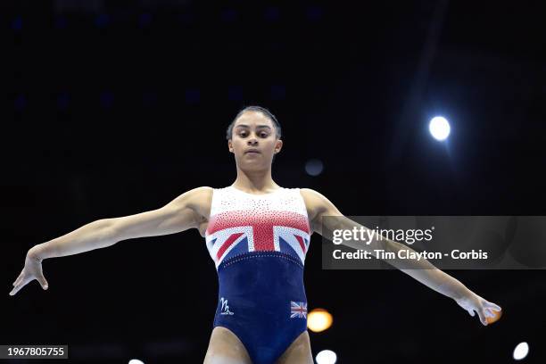 September 29: Ondine Achampong of Great Britain performs her routine on the balance beam during podium training at the Artistic Gymnastics World...