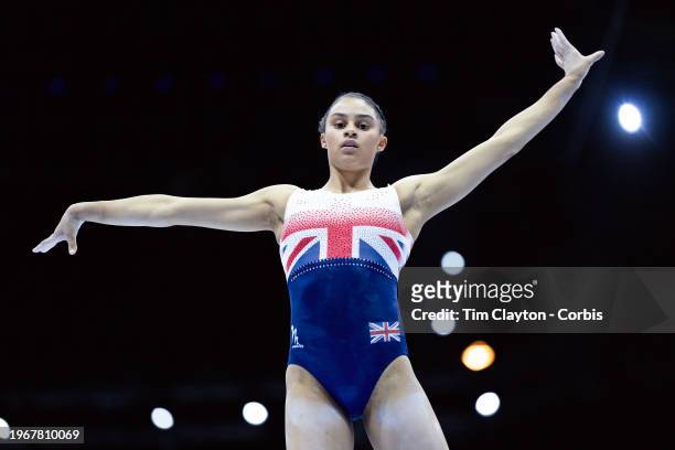September 29: Ondine Achampong of Great Britain performs her routine on the balance beam during podium training at the Artistic Gymnastics World...