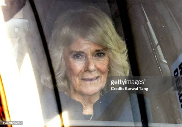 Queen Camilla departs after visiting King Charles III at The London Clinic on January 28, 2024 in London, England.