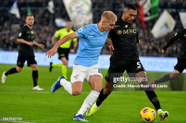 Gustav Isaksen of SS Lazio compete for the ball with Juan Jesus of SSC Napoli during the Serie A TIM match between SS Lazio and SSC Napoli - Serie A...