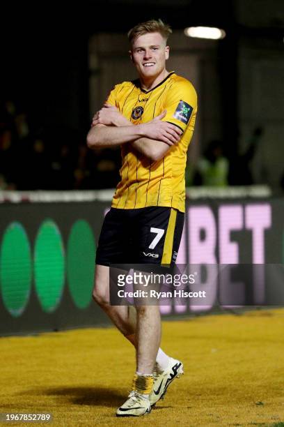 Will Evans of Newport County celebrates scoring his team's second goal during the Emirates FA Cup Fourth Round match between Newport County and...
