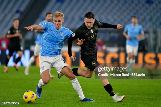 Gustav Isaksen of SS Lazio compete for the ball with Pioter Zielinski of SSC Napoli during the Serie A TIM match between SS Lazio and SSC Napoli -...