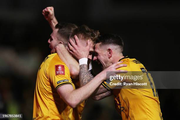 Will Evans of Newport County celebrates with Scot Bennett of Newport County after scoring his team's second goal during the Emirates FA Cup Fourth...