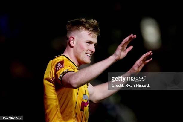 Will Evans of Newport County celebrates scoring his team's second goal during the Emirates FA Cup Fourth Round match between Newport County and...