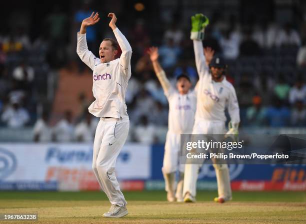 Tom Hartley of England appeals during day four of the 1st Test Match between India and England at Rajiv Gandhi International Stadium on January 28,...