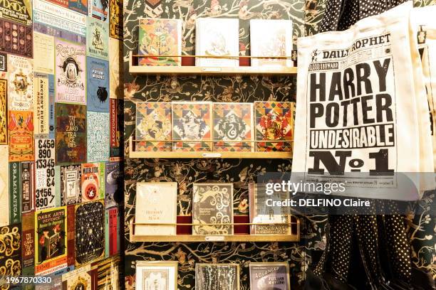 Books and merchandising from the graphic creations of design duo MinaLima for the Harry Potter films are photographed for Paris Match in the...