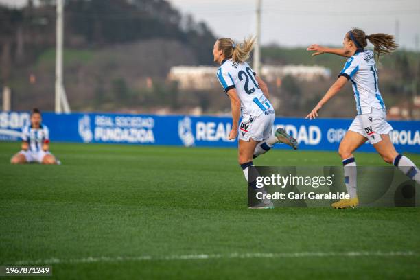 Synne Jensen of Real Sociedad celebrates scoring their team's first goal during the Primera Division Femenina match between Real Sociedad and Madrid...