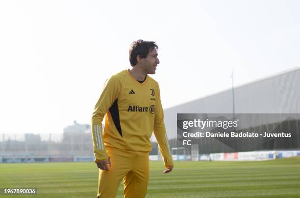 Federico Chiesa of Juventus during a training session at JTC on January 31, 2024 in Turin, Italy.