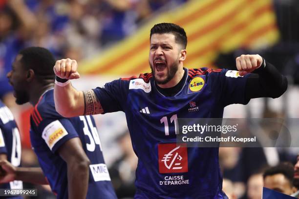 Nicolas Tournat of France celebrates at the sideline during the Men's EHF Euro 2024 final match between Denmark and France at Lanxess Arena on...