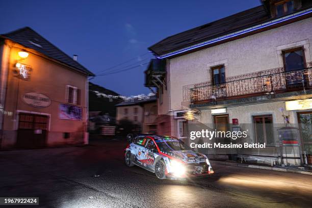 Thierry Neuville of Belgium and Martijn Wydaeghe of Belgium compete with their Hyundai Shell Mobis WRT Hyundai i20 N Rally1 Hybrid during Day Four of...