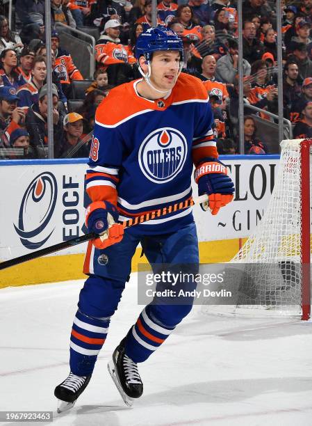 Zach Hyman of the Edmonton Oilers skates during the game against the Nashville Predators at Rogers Place on January 27 in Edmonton, Alberta, Canada.