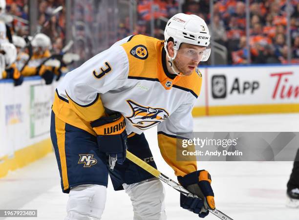 Jeremy Lauzon of the Nashville Predators awaits a face-off during the game against the Edmonton Oilers at Rogers Place on January 27 in Edmonton,...