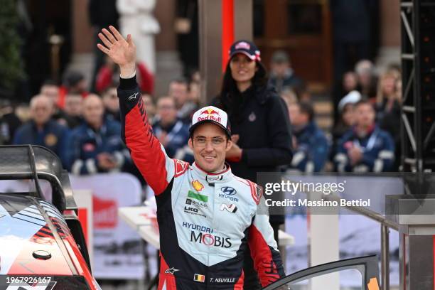 Thierry Neuville of Belgium celebrates his success during Day Four of the FIA World Rally Championship Monte-Carlo on January 28, 2024 in Monte...