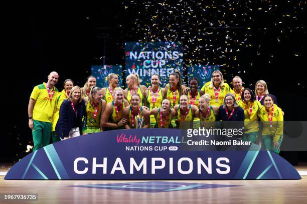 Australia celebrate during the trophy presentation after their victory during the Vitality Netball Nations Cup Final match between England and...