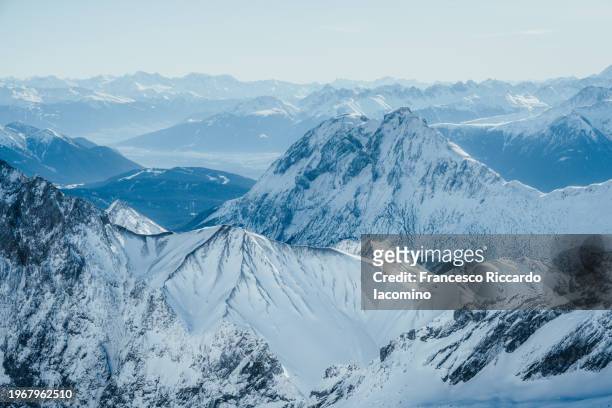 panorama with snow from zugspitze mount, winter. germany - wetterstein mountains stock pictures, royalty-free photos & images