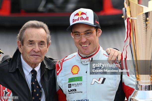 Thierry Neuville of Belgium celebrates his success with Jacky Ickx during Day Four of the FIA World Rally Championship Monte-Carlo on January 28,...