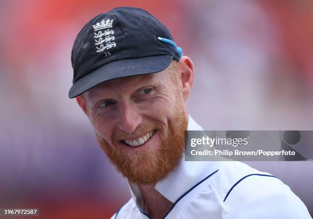 Ben Stokes of England smiles during day four of the 1st Test Match between India and England at Rajiv Gandhi International Stadium on January 28,...