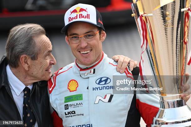 Thierry Neuville of Belgium celebrates his success with Jacky Ickx during Day Four of the FIA World Rally Championship Monte-Carlo on January 28,...