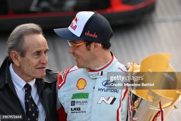 Thierry Neuville of Belgium celebrates his success with Jacky Ickx during Day Four of the FIA World Rally Championship Monte-Carlo on January 28,...