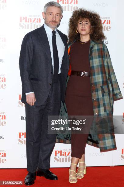 Martin Freeman and guest attend the Gala Opening of "Plaza Suite" at The Savoy Theatre on January 28, 2024 in London, England.