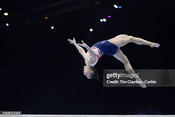 September 29: Jessica Gadirova of Great Britain performs her routine on the balance beam during podium training at the Artistic Gymnastics World...