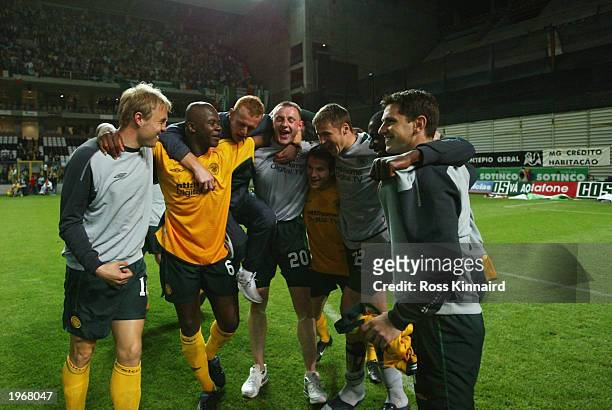 The Celtic players celebrate their victory after the the UEFA Cup Semi-Final between Boavista FC and Glasgow Celtic held on April 24, 2003 at the...