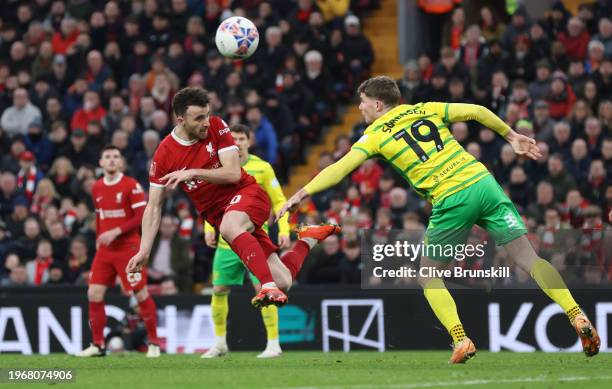 Diogo Jota of Liverpool heads the ball at goal during the Emirates FA Cup Fourth Round match between Liverpool and Norwich City at Anfield on January...