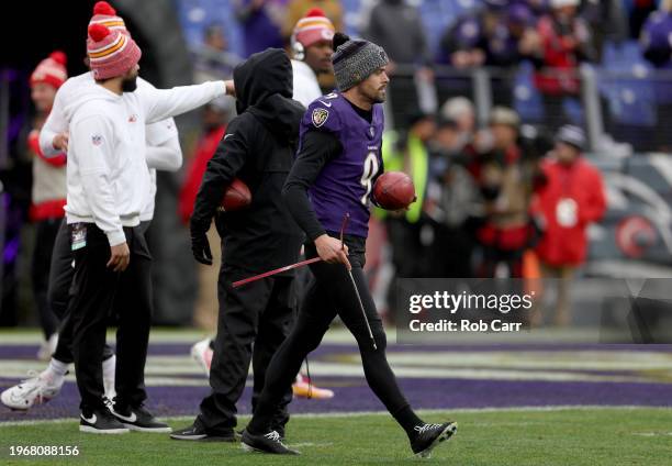 Justin Tucker of the Baltimore Ravens warms up prior to the AFC Championship Game against the Kansas City Chiefs at M&T Bank Stadium on January 28,...