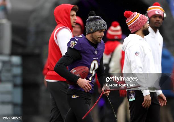 Justin Tucker of the Baltimore Ravens warms up prior to the AFC Championship Game against the Kansas City Chiefs at M&T Bank Stadium on January 28,...