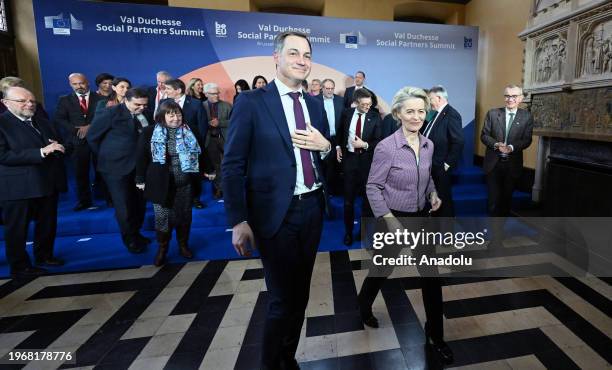 European Union Comission President Ursula von der Leyen and Belgian Premier Alexander De Croo attend the EU Val Duchesse Social Partners Summit in...