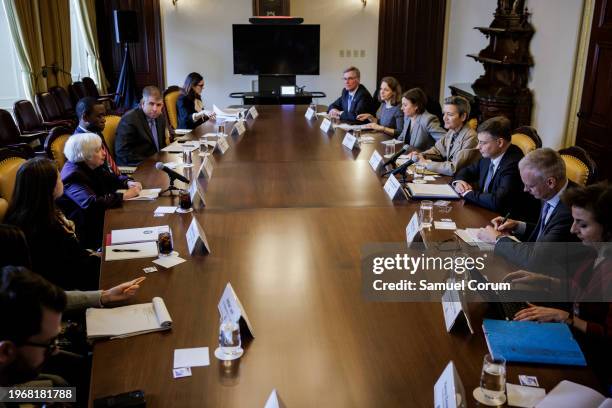 Treasury Secretary Janet Yellen speaks during a bilateral meeting with European Union Commissioners Margrethe Vestager and Valdis Dombrovskis at the...