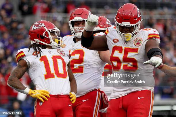 Isiah Pacheco of the Kansas City Chiefs celebrates after a touchdown against the Baltimore Ravens during the second quarter in the AFC Championship...