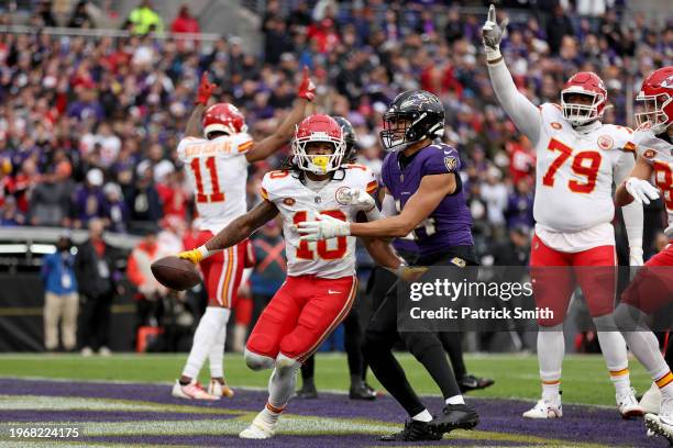 Isiah Pacheco of the Kansas City Chiefs celebrates after a touchdown against the Baltimore Ravens during the second quarter in the AFC Championship...