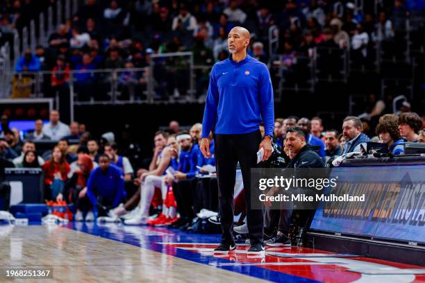 Head coach Monty Williams of the Detroit Pistons looks on in the third quarter of a game against the Oklahoma City Thunder at Little Caesars Arena on...