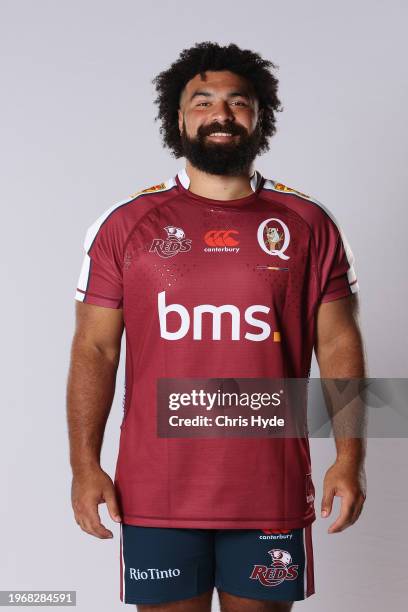 Zane Nonggorr poses during the Queensland Reds 2024 Super Rugby headshots session at the National Rugby Training Centre on January 24, 2024 in...