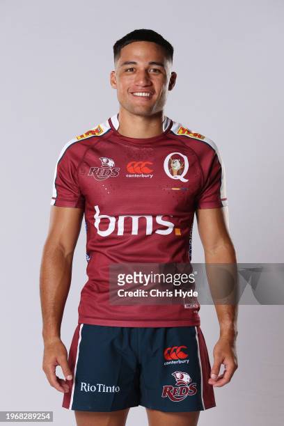 Kalani Thomas poses during the Queensland Reds 2024 Super Rugby headshots session at the National Rugby Training Centre on January 24, 2024 in...