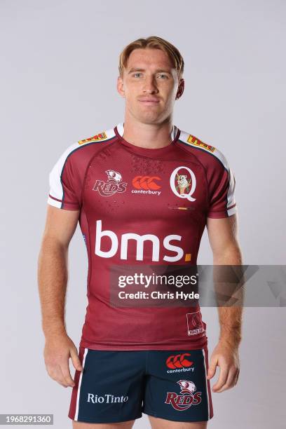 Tate McDermott poses during the Queensland Reds 2024 Super Rugby headshots session at the National Rugby Training Centre on January 24, 2024 in...