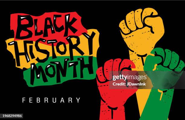 stockillustraties, clipart, cartoons en iconen met black history month february concept. poster or web banner template design with text and raised fists - free web art